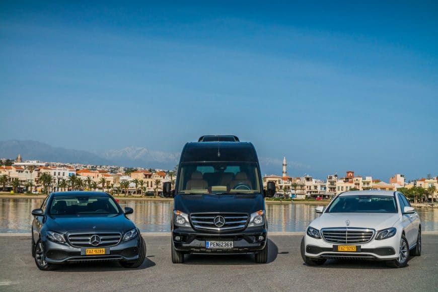 Two luxury Mercedes taxis and a Mercedes minivan. Top Crete Taxi Service by Crete Taxi Transfers